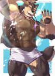  abs anthro bottomwear brown_body brown_fur bulge clothing crystal fur hi_res jewelry lifewonders live_a_hero male muscular muscular_anthro muscular_male necklace nipples ortwin_rd pecs pubraseer shorts solo swimwear water wet wet_body wet_fur 