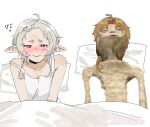  1boy 1girl blanket blonde_hair blush chibireviews commentary couple dress english_commentary exhausted guy_tired_after_sex_(meme) looking_down lying meme mexico_ufo_alien_bodies_hearing_(meme) mushoku_tensei on_bed pillow pointy_ears red_eyes rudeus_greyrat sitting sleeveless sleeveless_dress sylphiette_(mushoku_tensei) under_covers white_dress 