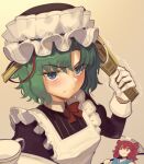  2girls alternate_costume apron black_headwear blue_eyes boa_(brianoa) closed_mouth cup enmaided frilled_hat frills gloves green_hair hair_bobbles hair_ornament hat highres holding holding_scythe long_sleeves maid maid_apron medium_hair multiple_girls onozuka_komachi red_eyes red_hair rod_of_remorse scythe shiki_eiki touhou twitter_username two_side_up white_apron white_gloves 