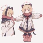  1girl :3 animal_ear_headphones animal_ears atat250 black_thighhighs blonde_hair blue_archive blush boots bow cat_tail closed_mouth fake_animal_ears hair_bow halo headphones highres jacket long_sleeves looking_at_viewer mittens momoi_(blue_archive) multiple_views outstretched_arms pink_footwear pink_halo red_bow red_eyes red_mittens red_scarf scarf short_hair smile spread_arms tail thighhighs white_jacket 