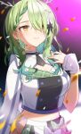  1girl asymmetrical_sleeves blurry blurry_background blurry_foreground blush bow braid braided_bangs branch breasts brown_bow brown_eyes ceres_fauna cleavage cleavage_cutout closed_mouth clothing_cutout commentary confetti depth_of_field green_bow green_hair gukurosawa01 hair_over_one_eye hand_up highres hololive hololive_english hololive_idol_uniform_(bright) jacket looking_away medium_breasts multicolored_hair smile solo streaked_hair virtual_youtuber white_bow white_jacket wrist_cuffs 