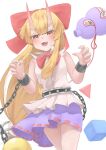  1girl :d alternate_horns blonde_hair blunt_bangs blush bow breasts buttons chain commentary_request cowboy_shot cube cuffs fang gourd hair_bow highres horns ibuki_suika long_hair low-tied_long_hair medium_bangs open_mouth orb purple_skirt pyramid_(structure) red_bow ribbon-trimmed_skirt ribbon_trim shirt sidelocks simple_background skin-covered_horns skirt sleeveless sleeveless_shirt small_breasts smile solo suwa_(au_swap) touhou v-shaped_eyebrows very_long_hair white_background white_shirt yellow_eyes 