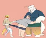  2023 anthro belly big_belly blush butt canid canine canis clothing domestic_dog domestic_pig embrace eyes_closed group hi_res hug inunoshippo kemono male mammal overweight overweight_male shirt simple_background suid suina sus_(pig) topwear underwear 