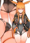  1girl adjusting_clothes adjusting_swimsuit ass ass_visible_through_thighs black_one-piece_swimsuit blush breasts cleavage cleavage_cutout closed_mouth clothing_cutout commentary_request fate/grand_order fate_(series) geirskogul_(fate) gloves head_wings highleg highleg_swimsuit highres jacket long_hair long_sleeves looking_at_viewer one-piece_swimsuit orange_hair red_eyes simple_background swimsuit thigh_gap thighs valkyrie_(fate) very_long_hair white_background wings yoosai 