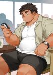  1boy bara belly black_shorts brown_hair cafe collared_shirt cup dark-skinned_male dark_skin disposable_cup expressionless facial_hair feet_out_of_frame from_side goatee goatee_stubble highres holding holding_phone kuro_nezumi_inu large_pectorals layered_shirt male_focus on_chair open_clothes open_shirt original paid_reward_available pectorals phone plump profile shirt short_shorts shorts sideburns sideburns_stubble sitting solo thick_eyebrows thick_thighs thighs 