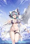  1girl absurdres animal_band animal_ears arm_garter azur_lane bikini cheshire_(azur_lane) cheshire_(summery_date!)_(azur_lane) choker fake_animal_ears fang frilled_garter frilled_ribbon frills highres leg_up maid_headdress multicolored_hair outstretched_arms pepperdevil purple_bikini purple_choker ribbon short_hair skin_fang standing standing_on_one_leg strapless strapless_bikini streaked_hair string_bikini swimsuit two-tone_hair water 