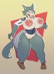  2023 after_transformation anthro areola beastars big_breasts breasts canid canine canis claws clothed clothing digital_drawing_(artwork) digital_media_(artwork) female fur genitals grey_body grey_fur hi_res huge_breasts legoshi_(beastars) mammal nipples nude open_mouth overweight overweight_anthro overweight_female pussy simple_background sjevi solo surprised_expression tail thick_thighs topwear torn_clothing wide_hips wolf 
