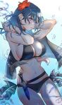  1girl bare_arms bare_shoulders belt bikini black_belt black_bikini blue_background blue_eyes blue_hair breasts byleth_(female)_(fire_emblem) byleth_(female)_(summer)_(fire_emblem) byleth_(fire_emblem) cleavage commentary_request cowboy_shot dagger fire_emblem fire_emblem:_three_houses fire_emblem_heroes flower gradient_background hair_flower hair_ornament highres kazu20200224 knife large_breasts long_hair looking_at_viewer navel official_alternate_costume parted_lips red_flower solo standing stomach swimsuit thighs weapon 