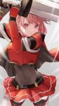  1girl armor capelet closed_mouth commentary covered_navel fire_emblem fire_emblem_engage gloves highres holding holding_sword holding_weapon lapis_(fire_emblem) looking_at_viewer navel pink_eyes pink_hair pleated_skirt sakura_no_yoru short_hair shoulder_armor skirt solo sword weapon 