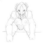  3_fingers all_fours alternate_species anthro bald big_breasts black_and_white bow_experiment_(resident_evil) breasts capcom corruption device digitigrade erect_nipples female fingers forced forced_transformation front_view horn huge_breasts ivanks long_tongue looking_at_viewer mammal mental_transformation mid_transformation mind_control monochrome muscular nipples nude open_mouth pupils resident_evil rhinoceros semi-anthro sharp_teeth sheva_alomar simple_background sketch slit_pupils snout solo species_transformation spines split_jaw spread_legs spreading teeth thick_thighs tongue tongue_out transformation transformation_through_technology white_background 