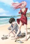 1boy 1girl albyee aqua_eyes bare_legs beach belt black_hair blue_sky breasts buttons cleavage cloud cloudy_sky collared_shirt commentary crab crossed_arms darling_in_the_franxx day double-breasted english_commentary feet floating_hair full_body grey_shirt grey_shorts hairband highres hiro_(darling_in_the_franxx) horns long_sleeves looking_at_another medium_breasts military_uniform oni_horns open_mouth outdoors partially_unbuttoned pink_hair red_horns red_shirt red_skirt shadow shirt shoes shoes_removed short_hair shorts signature skirt sky squatting standing swept_bangs teeth thighs toenails toes uniform upper_teeth_only white_footwear zero_two_(darling_in_the_franxx) 