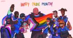  1girl 6+boys ^_^ absurdres agender_flag aroace_flag asexual_flag bald beard_stubble bisexual_flag blush bottle celebration closed_eyes demiboy_flag demigirl_flag demisexual_flag demoman_(tf2) engineer_(tf2) feet_out_of_frame flag flag_around_neck gay_male_pride_flag genderfluid_flag genderqueer_flag glasses hardhat hat_over_eyes heavy_(tf2) helmet highres holding holding_bottle holding_flag intersex_flag lesbian_flag lgbt_pride looking_at_another medic_(tf2) mini_flag miss_pauling multiple_boys mustache_stubble non-binary_flag pansexual_flag polyamory_flag pride_month progress_pride_flag pyro_(tf2) rainbow_flag scout_(tf2) seagiri smile sniper_(tf2) soldier_(tf2) spy_(tf2) standing sunglasses team_fortress_2 transgender_flag 