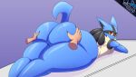  anthro big_butt blue_body blue_fur butt canid canine fur generation_4_pokemon hi_res huge_butt lucario male male/male mammal nintendo nude pokemon pokemon_(species) simple_background solo thiccbuns 