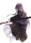  1girl absurdres black_dress dino_(dinoartforame) dress fern_(sousou_no_frieren) from_behind hair_ornament highres holding holding_staff long_hair mage_staff purple_hair solo sousou_no_frieren staff white_background 