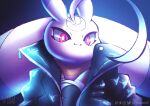  1other absurdres artist_name black_jacket crescent_moon digimon digimon_(creature) highres ikuvaito instagram_logo jacket lunamon mastodon_logo moon open_clothes open_jacket original solo twitch_logo twitter_logo watermark 