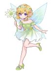  1girl ama-tou bare_shoulders blonde_hair blue_flower blue_wings closed_mouth commentary_request dress elly_(tonari_no_kyuuketsuki-san) fairy_wings flower full_body green_dress green_footwear hair_between_eyes hair_flower hair_ornament high_heels highres off-shoulder_dress off_shoulder pink_flower pointy_ears puffy_short_sleeves puffy_sleeves purple_eyes shoes short_sleeves simple_background smile solo standing standing_on_one_leg swept_bangs tonari_no_kyuuketsuki-san white_background white_flower wings 