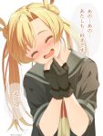  1girl abukuma_(kancolle) abukuma_kai_ni_(kancolle) black_gloves black_jacket blonde_hair blush closed_eyes commentary_request double_bun facing_viewer gloves grey_sailor_collar hair_bun hair_rings highres jacket kantai_collection laco_soregashi long_hair neck_ribbon nose_blush open_mouth partially_fingerless_gloves red_ribbon ribbon sailor_collar school_uniform serafuku short_sleeves smile solo translation_request upper_body 