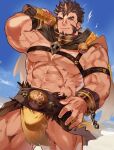  1boy abs bara brown_hair bulge chest_harness cross_scar facial_hair feet_out_of_frame flaming_eye from_below goatee half-closed_eyes harness heracles_(housamo) large_belt large_pectorals loincloth long_sideburns looking_at_viewer male_focus mature_male muscular muscular_male nanaisan_(713) navel nipples no_shirt over_shoulder pectorals pelvic_curtain revealing_clothes scar scar_on_chest seductive_smile short_hair sideburns smile solo standing stomach strongman_waist thick_eyebrows thick_thighs thighs tokyo_afterschool_summoners weapon weapon_over_shoulder 
