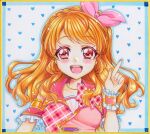  1girl aikatsu! aikatsu!_(series) blush bow hair_bow highres long_hair oozora_akari open_mouth orange_hair pink_bow plaid plaid_bow red_eyes shirato_sayuri smile solo swept_bangs traditional_media wrist_cuffs 