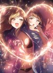  2girls :d :o bikini bikini_under_clothes black_bikini blue_jacket blue_nails blush breasts brown_eyes brown_hair cleavage commentary_request fireworks hands_up heart highres holding_fireworks hood hood_down hooded_jacket jacket long_hair medium_breasts multiple_girls nail_polish narumi_nanami night open_clothes open_jacket original outdoors pink_jacket pink_nails smile sparkler swimsuit 