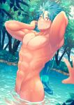  1boy abs absurdres blue_hair blush branch closed_mouth completely_nude groin hands_in_hair highres long_hair looking_at_viewer male_focus no_nipples nude original outdoors outstretched_hand pov sagami_jon tree water wet 
