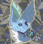  anthro blue_body blue_eyes blue_fur ears_up fenril_(spicy_flakes) frost_jeckals_(huf13) fur headshot_portrait male mouth_fangs ouch_(artist) pattern_background portrait simple_background solo solo_focus watermark white_body white_fur 