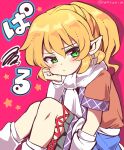  1girl arm_warmers blonde_hair closed_mouth commentary green_eyes half_updo highres looking_at_viewer mizuhashi_parsee multicolored_clothes parsee_day pointy_ears ramudia_(lamyun) red_background scarf short_sleeves socks solo squiggle star_(symbol) touhou twitter_username white_scarf white_socks 