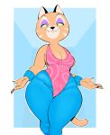  2023 anthro breasts cleavage clothed clothing domestic_cat eyeshadow felid feline felis female fur green_eyes hi_res looking_at_viewer makeup mammal miss_berlo simple_background smile smiling_at_viewer solo tan_body tan_fur thick_thighs usnarbit 