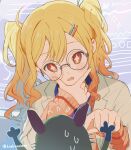  +_+ 1girl :o blonde_hair blue_shirt cardigan coat collared_shirt commentary double-parted_bangs get_over_it._(project_sekai) glasses gradient_hair hair_ornament hairclip highres kirakiraokaru lab_coat lanyard long_hair long_sleeves looking_at_viewer multicolored_hair notebook open_collar open_labcoat open_mouth outside_border pink_cardigan pink_eyes pink_hair pocket project_sekai reaching rimless_eyewear round_eyewear scientist shirt sweater tenma_saki twintails wavy_hair white_coat yellow_cardigan yellow_sweater 