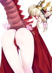  1girl absurdres ahoge ass bare_shoulders bent_over blonde_hair braid breasts crown dragon_tail dress elbow_gloves facial_mark fate/grand_order fate_(series) french_braid gloves hair_bun hair_intakes hair_ribbon highres long_hair looking_at_viewer looking_back nero_claudius_(fate) panties queen_draco_(fate) red_dress red_eyes red_panties red_ribbon ribbon scales single_glove small_breasts smile solo tail thighs tongue tongue_out underwear watosu white_gloves 