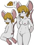  anthro ashley_graham_(resident_evil) barefoot bastardcat3 blonde_hair capcom cheese cheese_wedge dairy_products feet female food genitals hair hi_res mammal mouse mouse_tail moushley murid murine nipples nude pubes pussy resident_evil rodent soles solo 
