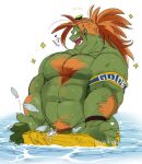  abs anthro blanka body_hair bottomwear capcom chest_hair clothing fish green_body hair hairy hyaku_(artist) male marine monster muscular muscular_anthro muscular_male orange_hair partially_submerged pecs pubes shorts solo street_fighter 