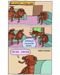  3_panel_comic ambiguous_gender artist_name bed_bug beetlemoses colored-in comic detailed_background english_text feral furniture group hi_res humor red_body semi-anthro shaded sofa solo_in_panel speech_bubble text 