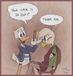  2023 abstract_background anatid anseriform anthro avian bangs beak bird blue_clothing blue_eyes blush brown_background brown_clothing brush brushing brushing_hair chair cheek_tuft chicken clothing dated disney donald_duck duck ducktales ducktales_(2017) duo eyewear facial_tuft feathers furniture galliform gallus_(genus) glasses green_clothing green_eyes grey_body grey_feathers gyro_gearloose hair hairbrush head_tuft jacket khaki_pants male male/male orange_beak orange_legs pattern_clothing personal_grooming phasianid pink_background scut_tail shellyochunks short_tail shy_expression signature simple_background social_grooming striped_clothing stripes styling_hair tail tan_body tan_feathers topwear trans_(lore) trans_man_(lore) tuft white_body white_clothing white_feathers yellow_beak yellow_clothing 