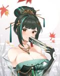  123ab456c 1girl bare_shoulders black_gloves black_hair breasts brown_eyes china_dress chinese_clothes cleavage dress folded_ponytail folding_fan gloves green_dress green_hair hair_ornament hand_fan hanying_(punishing:_gray_raven) highres holding holding_fan jewelry large_breasts long_hair multicolored_hair necklace partially_fingerless_gloves punishing:_gray_raven sidelocks streaked_hair 