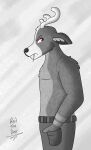  anthro antlers biting_on_toothpick bottomwear clothed clothing deer fingers fur hi_res horn inner_ear_fluff male mammal pants red_eyes reid_the_deer reidthedeer solo toothpick tuft 