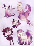  animal_focus artist_name border colored_skin commentary crossed_arms espeon eyelashes forehead_jewel forked_tail galarian_ponyta gothita gothorita hanabusaoekaki highres horns horse mewtwo no_humans pokemon pokemon_(creature) purple_background purple_skin purple_theme single_horn standing tail white_border 