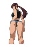  1girl antonio_malara ass black_lagoon black_tank_top breasts brown_eyes brown_hair closed_mouth commission crop_top cropped_legs denim denim_shorts from_below hand_on_own_hip highres long_hair looking_at_viewer medium_breasts midriff revy_(black_lagoon) shorts smile tank_top white_background 