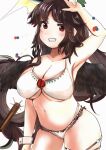  1girl adapted_costume arm_up armpits atom bird_wings breasts brown_hair cleavage commentary_request contrapposto cowboy_shot feathered_wings grin highres long_hair looking_at_viewer morizou_shi navel radiation red_eyes reiuji_utsuho simple_background smile solo swept_bangs touhou underboob very_long_hair white_background wings wrist_cuffs 