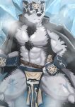  abs accessory anthro armguards bare_chest body_hair bottomwear canid canine canis chest_hair clothing fur grey_body grey_fur headband hi_res horkeu_kamui_(tas) horokeikam_love jacket lifewonders loincloth male mammal muscular muscular_anthro muscular_male nipples pecs solo tokyo_afterschool_summoners topwear wolf yellow_eyes 