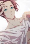  1boy abs absurdres blue_lock clothes_lift commentary_request fingernails green_eyes highres itoshi_sae looking_at_viewer male_focus may_(illust_man_2020) parted_lips red_hair shirt shirt_lift short_hair solo upper_body white_background white_shirt 