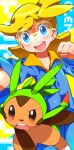  1boy blonde_hair blue_eyes blue_jumpsuit brad_(16325) character_name chespin clemont_(pokemon) clenched_hand collared_jumpsuit highres jumpsuit male_focus open_mouth pokemon pokemon_(creature) pokemon_(game) pokemon_xy rimless_eyewear round_eyewear short_hair teeth upper_teeth_only 