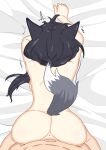  1boy 1girl animal_ears ass azur_lane back black_hair completely_nude deep_penetration doggystyle grey_tail highres nude on_bed ponytail sbeve2004 sex sheet_grab shigure_(azur_lane) tail 