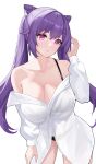  1girl bare_shoulders black_panties bra_strap breasts candy_shunya cleavage commentary cone_hair_bun cowboy_shot genshin_impact hair_bun hand_up highres keqing_(genshin_impact) large_breasts long_hair long_sleeves looking_at_viewer no_pants off_shoulder panties parted_lips purple_eyes purple_hair shirt simple_background solo standing twintails underwear very_long_hair white_background white_shirt 