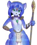  2019 accessory anthro artist_name blue_body blue_fur blue_hair bottomwear breasts canid canine choker circlet clothed clothing eyebrows eyelashes featureless_breasts female flat_chested fox fur green_eyes hair hair_accessory hairband jewelry krystal krystal&#039;s_staff loincloth looking_at_viewer mammal markings navel necklace nintendo raikoh-illust short_hair shoulder_guards smile solo staff star_fox topless white_body white_fur 