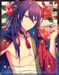  1boy bandages black_nails chi_yu closed_mouth commentary_request dated ensemble_stars! fingernails flower hair_ornament happy_birthday holding kanzaki_souma leaf long_hair looking_at_viewer male_focus pink_flower purple_eyes purple_hair red_flower smile solo upper_body 
