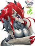  absurd_res anthro aoguma blush breasts claws female finger_claws fur generation_5_pokemon grey_body grey_fur hair hi_res looking_at_viewer nintendo pokemon pokemon_(species) purple_eyes red_hair solo traditional_media_(artwork) zoroark zorua 