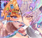  2girls blonde_hair blue_eyes boo_(mario) commentary crack dual_persona english_commentary falling_petals foundation_logo gradient_eyes green_eyes grey_eyes grey_hair heart_stickers leaf lips long_hair looking_at_viewer lower_teeth_only mario_(series) multicolored_eyes multiple_girls nintendo_switch orange_sekaii original pac-man pac-man_(game) paper_airplane parted_lips petals portrait split_theme star-shaped_pupils star_(symbol) symbol-shaped_pupils teeth 