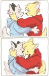  &lt;3 ambiguous_gender anthro blush blush_lines canid canine canis clothed clothing cupping_head domestic_dog duo eye_contact hoodie kiss_on_lips kissing looking_at_another looking_at_partner mammal omekatoys topwear 