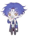  1boy 3cnfw ascot bags_under_eyes black_pants blue_ascot blue_coat blue_hair chesed_(project_moon) chibi coat collared_shirt exhausted grey_vest hand_up highres lobotomy_corporation looking_at_viewer pants project_moon shirt simple_background solo vest white_background white_shirt yellow_eyes 